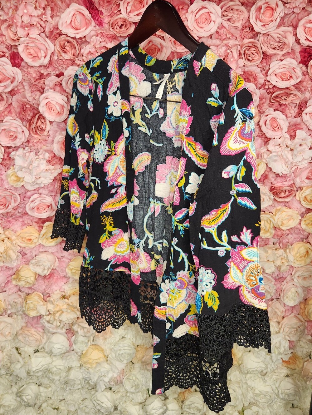 Xhilaration Black Floral Open-Front Kimono with Pink & Yellow Accents